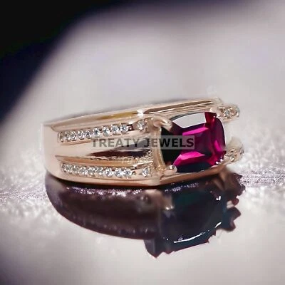 Ruby Cushion Cut With 925 Sterling Silver Gold Plated Ring For Men's #977 - Image 1 of 4