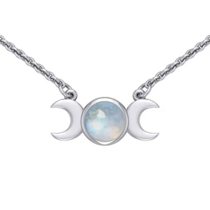 Sterling Silver Moon Phase Triple Goddess Rainbow Moonstone 18" Necklace Jewelry - Picture 1 of 1