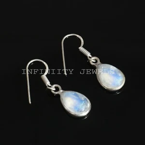 925 Sterling Silver Natural Teardrop Rainbow Moonstone Dangle Hook Earring Gift - Picture 1 of 8