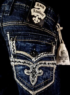 $220 Hombres Rock Revival "Alfred" Grande y Alto Negro Jet Swarovski Recto 44 X 33 Foto 1 de 4