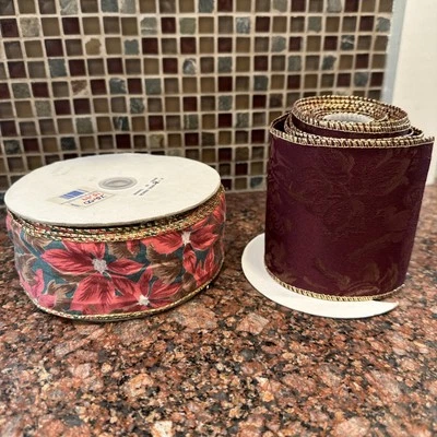 2 Rolls of Wired Vintage Christmas Ribbon - Burgundy and Poinsettia - Image 1 of 4