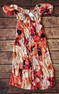 H&M Off Shoulder Flowy Orange Red Floral Maxi Dress Puff Sleeves Size Medium - Picture 1 of 11