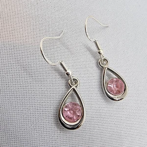 925 Light Pink Tear Drop Earrings Dangle Hook Silver Plated Birthstone Cute - Picture 1 of 5