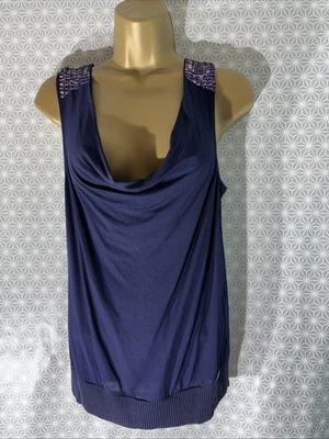 Womens Ted Baker Size 2 Uk 10 Dark Blue 100% Silk Sleeveless Cowl Neck Blouse - Image 1 of 4