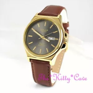 Classique OMAX Seiko Mouvement, Cuir Marron, Jour & Date Or & Gris Montre DLZ087 - Imagen 1 de 8
