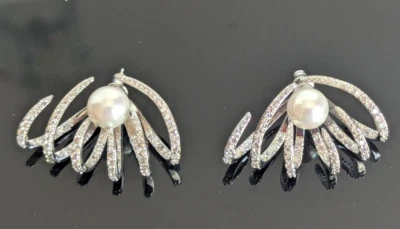 Mango Jewelry Faux Silver Tone Pearl Crystal Pierced Earrings Elegant Fun Design - Image 1 of 4