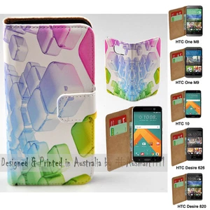 For HTC Series Mobile Phone 3D Colour Cubes Theme Print Wallet Phone Case Cover - Picture 1 of 3