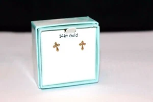 Disney 14K Yellow Gold  8x6MM Cross Stud Earrings  - Picture 1 of 2