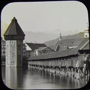 Glass Magic Lantern Slide WOODEN BRIDGE LUCERNE C1900 SWITZERLAND PHOTO - Picture 1 of 2