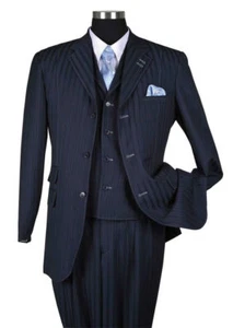 New Men's 3 piece Wool Feel Elegant and Classic Stripes Suit Navy 5267 - Picture 1 of 4
