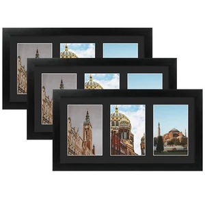 9x18 Schwarz Holzrahmen Schwarz Passepartout für drei 5x7 Bilder Echtglas 3er Pack - Bild 1 von 7