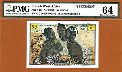 French West Africa 50 Francs ND (1956) SPECIMEN Pick-45s Ch UNC PMG 64 - Image 1 of 2