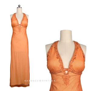 Vintage Niki Livas Prom Dress Maxi Gown 12 Orange Fairy 90s Y2K Mesh Bead - Picture 1 of 12
