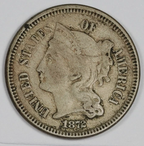 1872 Three Cent Nickel.  Natural Uncleaned.  XF.  182366 Cover