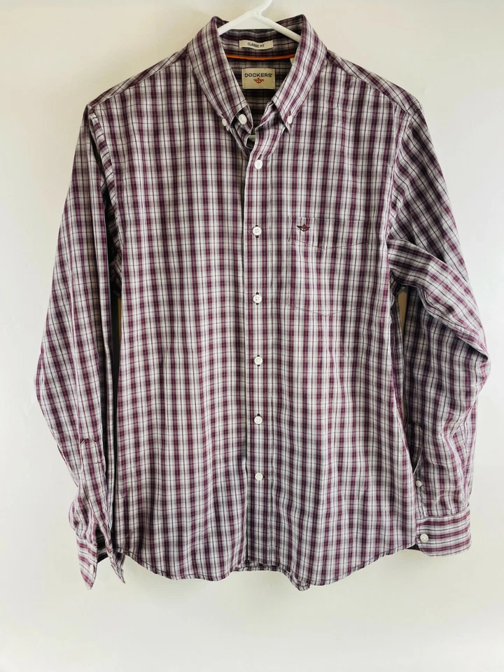DOCKERS Shirt Men's Size S Gray Purple Plaid Classic Fit Button Down Long Sleeve - Image 1 of 4