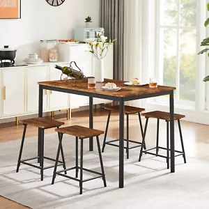 5 Piece Dining Table Set Bar Dinette Metal Wood Table with 4 Stools Space Saving - Picture 1 of 14
