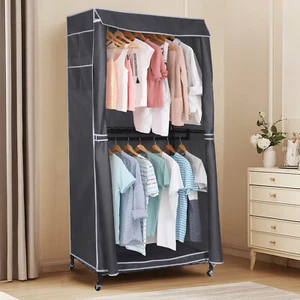 Hanging Rod Clothes Rack with Cover Portable Storage Closet for Hanging Clothes - Picture 1 of 11
