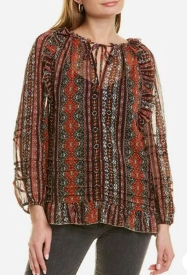 Lucky Brand Feminino Tamanho Médio Manga Longa Chiffon Estampado Novo com Etiquetas  - Imagem 1 de 4