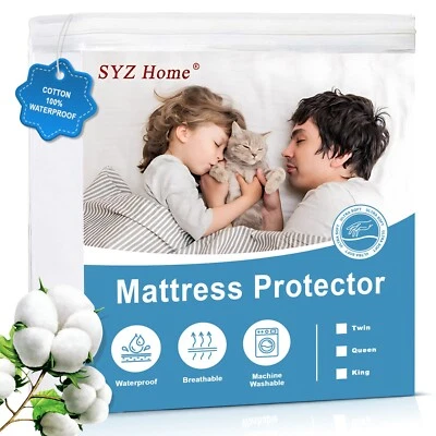 SYZ HOME 100% Waterproof Mattress Cotton white Protector , Stretchable Queen Size .