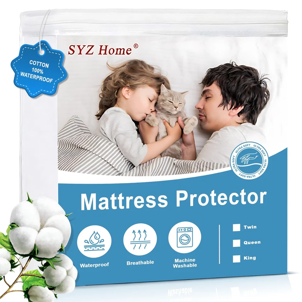 SYZ HOME 100% Waterproof Mattress Cotton white Protector , Stretchable, King Size .