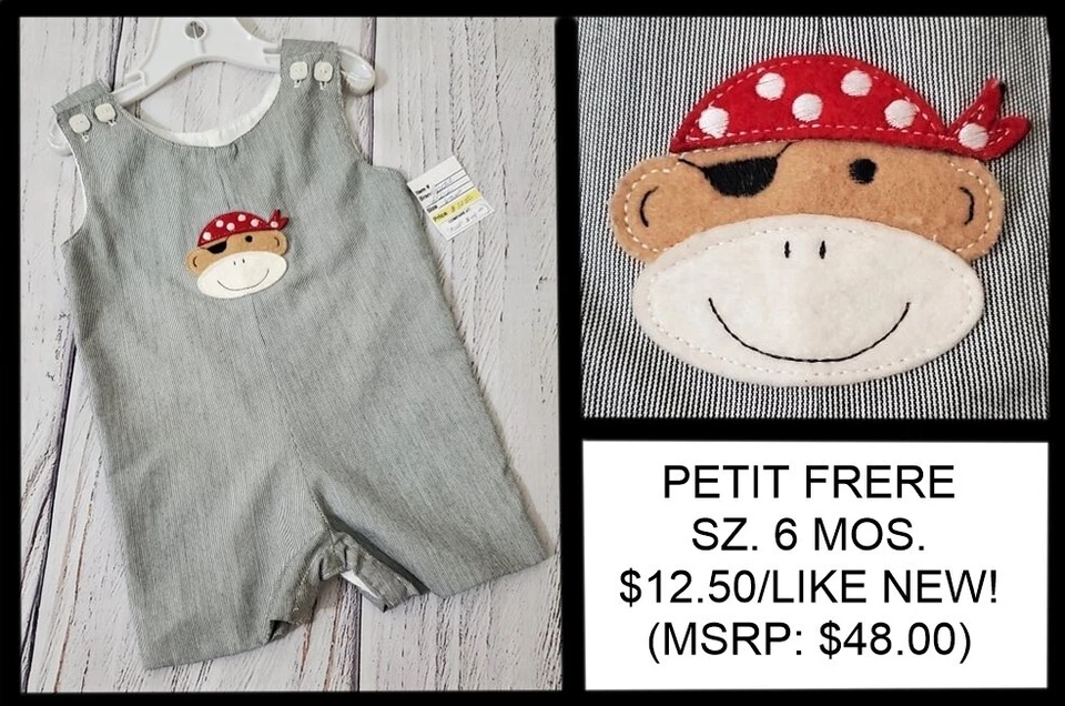 BOUTIQUE PETIT FRERE 黑色 PINSTRIPED SHORTALL 带海盗猴子- 6 MOS。 — 第 1/1 张图片
