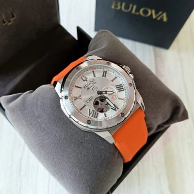 Bulova Marine Star A Automatic White Dial Orange Rubber Strap Men's 98A226 Watch - Image 1 of 4