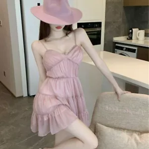 Milky Pink Elegant Dress Women Sweet Mesh Patchwork Lace Up High Waist Dress - Picture 1 of 13