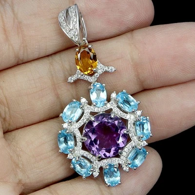 Colgante de plata de ley 925 redondo amatista 11 mm topacio citrino piedras preciosas joyería Foto 1 de 4