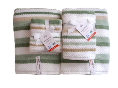 Juego de toallas Caro Home 8 piezas 2 baños 2 manos 4 lavados blanco verde tostado algodón a rayas nuevo con etiquetas Foto 1 de 4