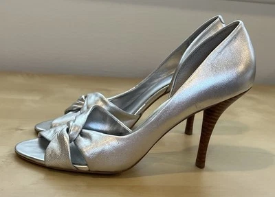Nine West D’Orsay Heels Size 7.5 M Silver Leather Peep Toe Twist Front Pumps - Image 1 of 4