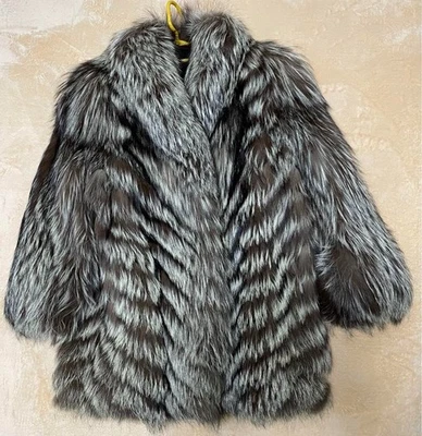 Real Fur Coat Jacket Silver FOX fur Size 11/LARGE with for Women USED from Japan - Image 1 of 4