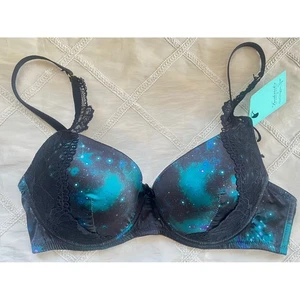 NEU Fredericks Of Hollywood Push-up-BH schwarz himmlisches kosmisches Design & Spitze 34D - Bild 1 von 10