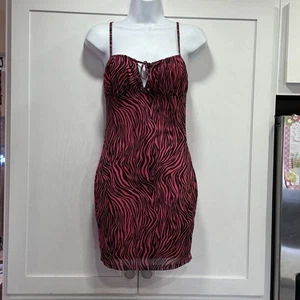Hot Pink Black Zebra Mini Dress M 5 Small V Neck Slip Dress 90’s Y2K Babydoll - Picture 1 of 11