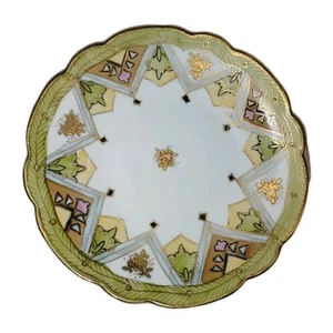 Antique Nippon Porcelain Plate Hand Painted Green Floral Victorian Gold Enamel - Picture 1 of 19