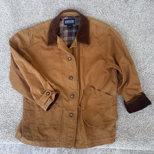 Lands End Mens L Barn Chore Jacket Brown Button Up Cotton Plaid Corduroy Collar - Picture 1 of 11