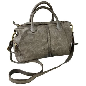 Fossil Womens Suede Metallic Silver Large Erin Satchel Shoulder Bag Purse - Picture 1 of 16