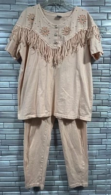 Vtg Womens L Outfit Shirt Pants Set USA  Western Fringe Knit Stretch Comfy Bling - Image 1 of 4