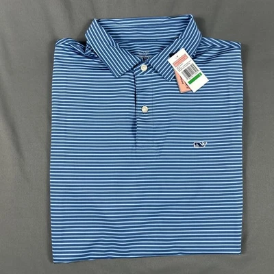 Vineyard Vines 高尔夫衬衫 Polo Bradley 条纹大号 Moonshine 蓝色聚酯纤维 — 第 1/4 张图片