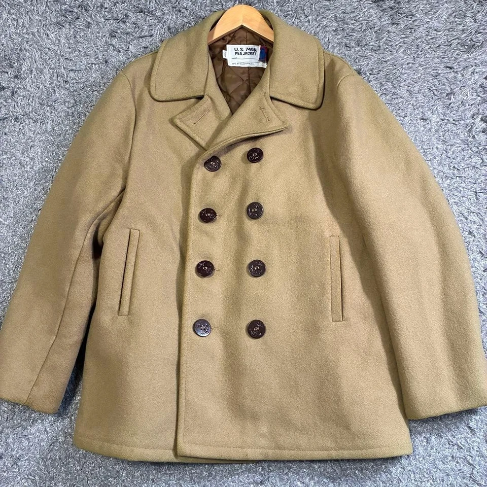 Schott Pea Coat 740N Wool Jacket Camel Beige Size 44 Vintage Outerwear - Image 1 of 4