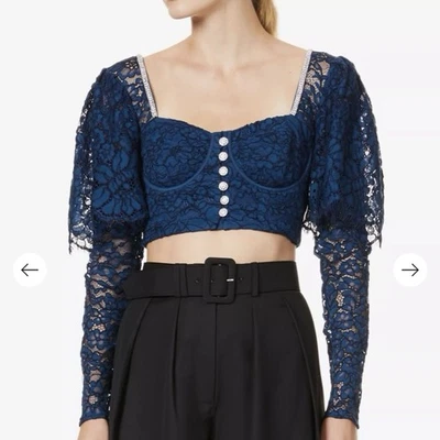 Top de encaje autorretrato gasolina con cordón fino para mujer 10 azul recortado mangas largas Foto 1 de 4