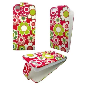CASE FOR IPHONE 5 5S RED PINK GREEN WHITE FLOWERS FLIP PU LEATHER PHONE COVER - Picture 1 of 9