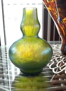 Antique Loetz Papillon Iridescent hand blown Neon blue/green glass vase 6 inch - Picture 1 of 17