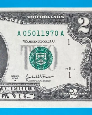 May 1, 1970 / 5 January 1970  : A 05011970 A BIRTHDAY Note $2 Two Dollar Bill - Image 1 of 3