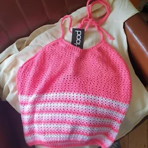 Boohoo Pink White Striped Crochet Halter Top Sz L Crop - Picture 1 of 6