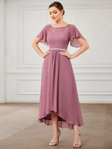 Chiffon Ruffle Sleeves Asymmetrical Hem Mother of the Bride Dress - Picture 1 of 48