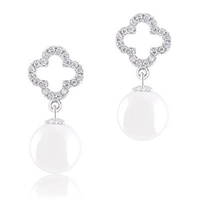 18k White Gold Plated Cubic Zirconia Clover Drop Earrings (10-10.5 mm) - Image 1 of 4