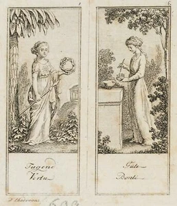 D. CHODOWIECKI (*1726), 12 Blätter: gute menschliche Eigenschaften, 1789, Rad. - Bild 1 von 8