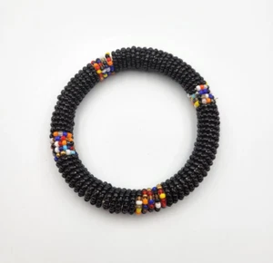 Maasai Beaded Bangle Bracelet Black w/ Multi Colors Kenya Africa - Picture 1 of 8