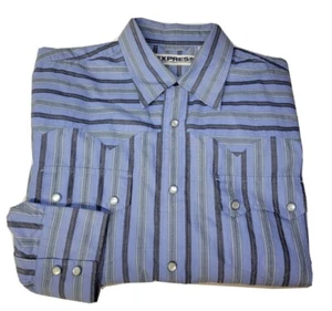 Express Precision Fit Long Sleeve Pearl Snap Shirt Large Blue Striped Retro - Picture 1 of 5