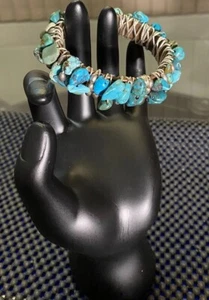 Vintage Artisan Copper Cuff Metal Woven With Turquoise and Other Stones Bracelet - Picture 1 of 22